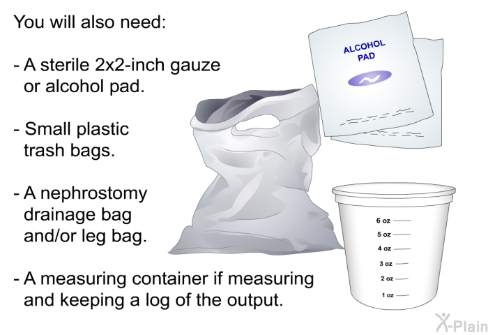 You will also need:  A sterile 2x2-inch gauze or alcohol pad. Small plastic trash bags. A nephrostomy drainage bag and/or leg bag. A measuring container if measuring and keeping a log of the output.