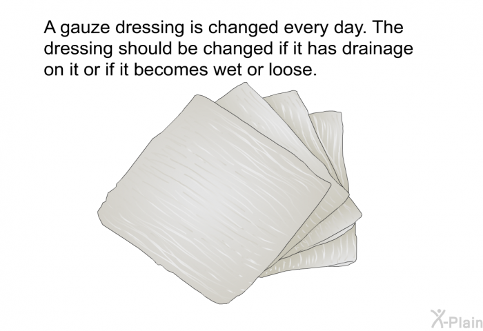 A gauze dressing is changed every day. The dressing should be changed if it has drainage on it or if it becomes wet or loose.