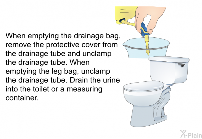 When emptying the drainage bag, remove the protective cover from the drainage tube and unclamp the drainage tube. When emptying the leg bag, unclamp the drainage tube. Drain the urine into the toilet or a measuring container.