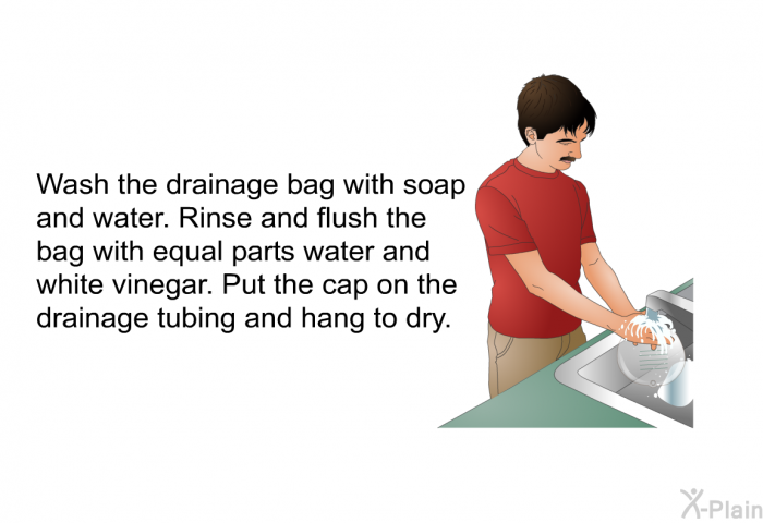 Wash the drainage bag with soap and water. Rinse and flush the bag with equal parts water and white vinegar. Put the cap on the drainage tubing and hang to dry.