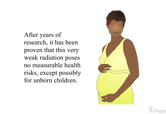 After years of research, it has been proven that this very weak radiation poses no measurable health risks, except possibly for unborn children.