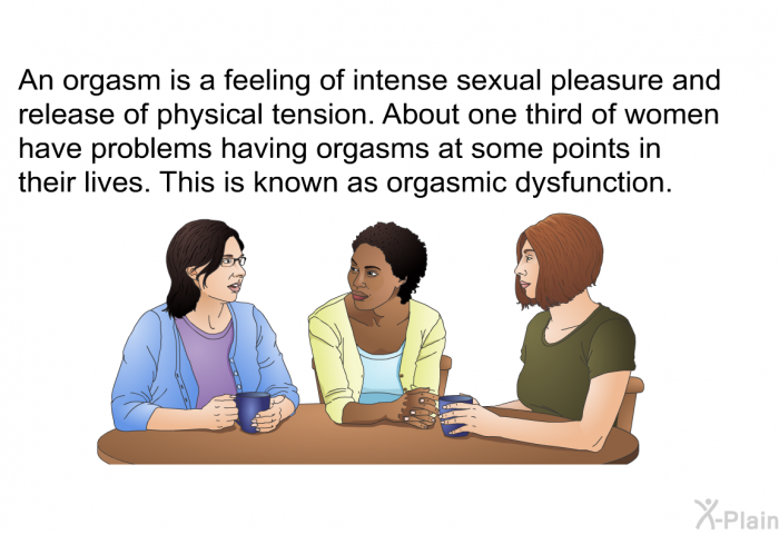 An orgasm is a feeling of intense sexual pleasure and release of physical tension. About one third of women have problems having orgasms at some points in their lives. This is known as orgasmic dysfunction.