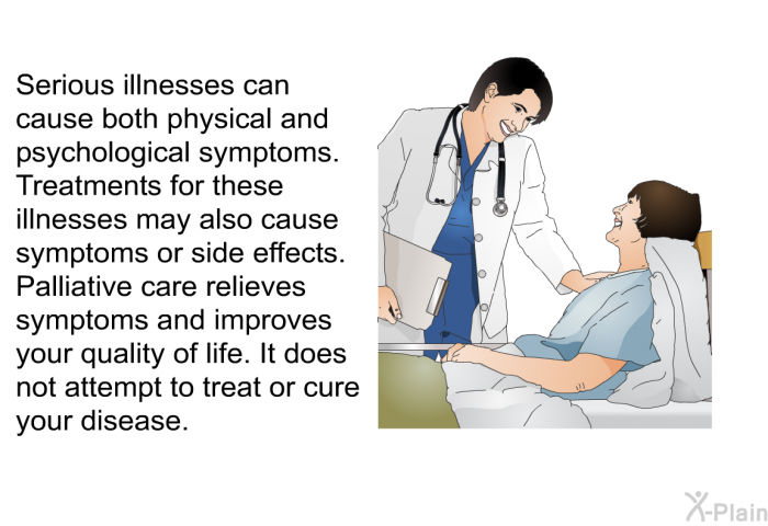 Serious illnesses can cause both physical and psychological symptoms. Treatments for these illnesses may also cause symptoms or side effects. Palliative care relieves symptoms and improves your quality of life. It does not attempt to treat or cure your disease.