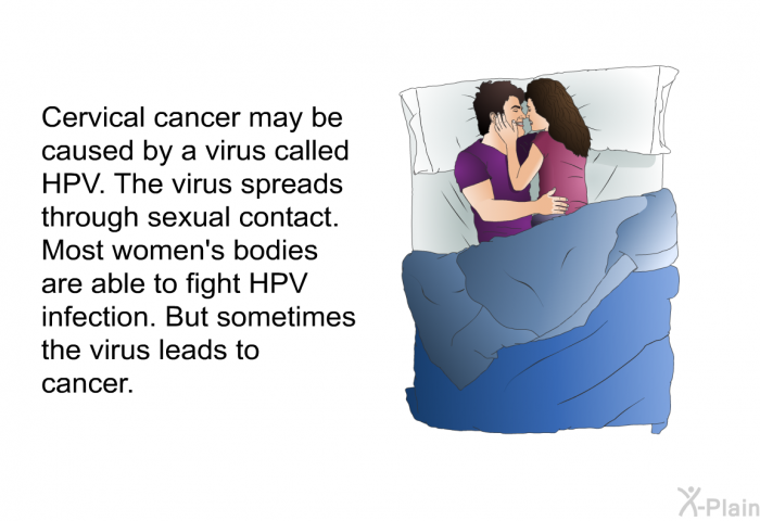 Cervical cancer may be caused by a virus called HPV. The virus spreads through sexual contact. Most women's bodies are able to fight HPV infection. But sometimes the virus leads to cancer.