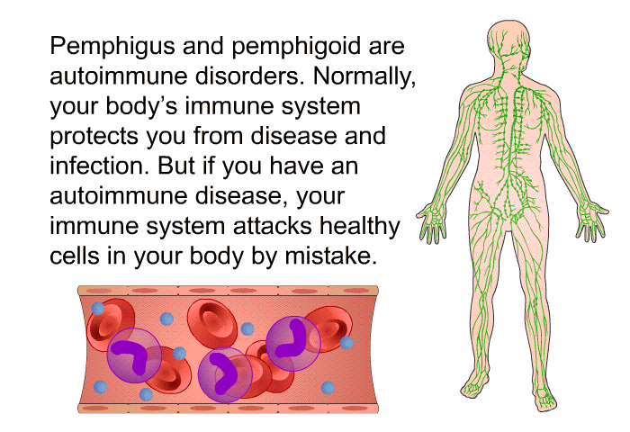 Pemphigus and pemphigoid are autoimmune disorders. Normally, your body's immune system protects you from disease and infection. But if you have an autoimmune disease, your immune system attacks healthy cells in your body by mistake.