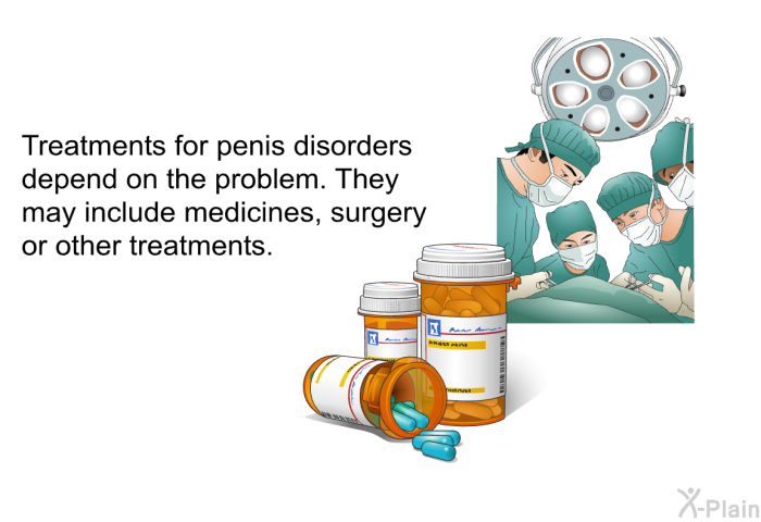 Treatments for penis disorders depend on the problem. They may include medicines, surgery or other treatments.