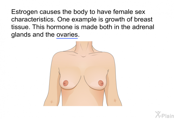 Estrogen causes the body to have female sex characteristics. One example is growth of breast tissue. This hormone is made both in the adrenal glands and the ovaries.