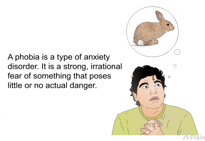 A phobia is a type of anxiety disorder. It is a strong, irrational fear of something that poses little or no actual danger.