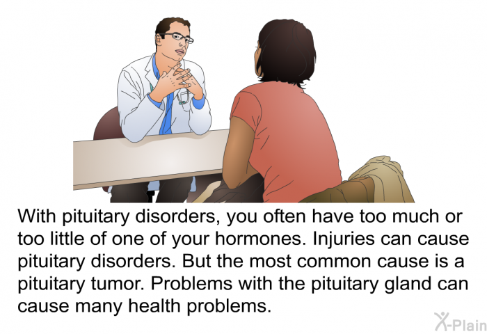 With pituitary disorders, you often have too much or too little of one of your hormones. Injuries can cause pituitary disorders. But the most common cause is a pituitary tumor. Problems with the pituitary gland can cause many health problems.