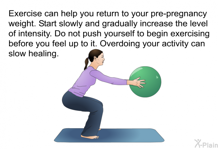 Exercise can help you return to your pre-pregnancy weight. Start slowly and gradually increase the level of intensity. Do not push yourself to begin exercising before you feel up to it. Overdoing your activity can slow healing.