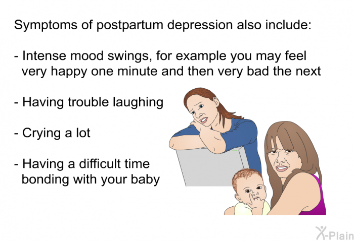 Symptoms of postpartum depression also include:  Intense mood swings, for example you may feel very happy one minute and then very bad the next Having trouble laughing Crying a lot Having a difficult time bonding with your baby