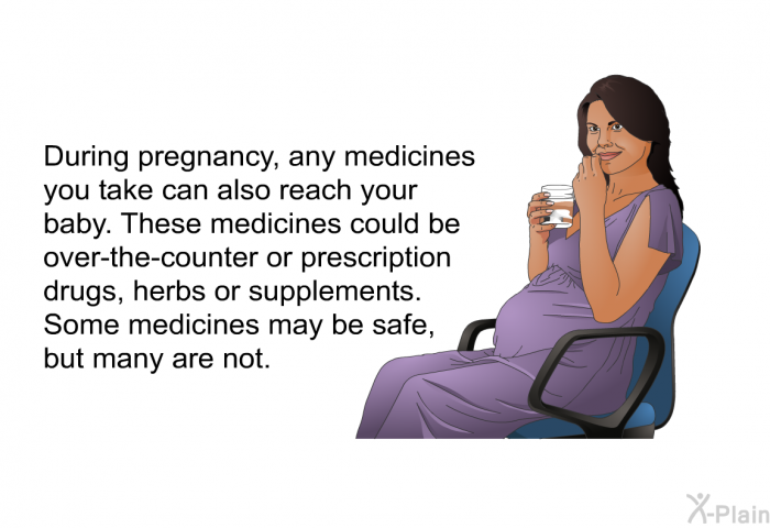 During pregnancy, any medicines you take can also reach your baby. These medicines could be over-the-counter or prescription drugs, herbs or supplements. Some medicines may be safe, but many are not.