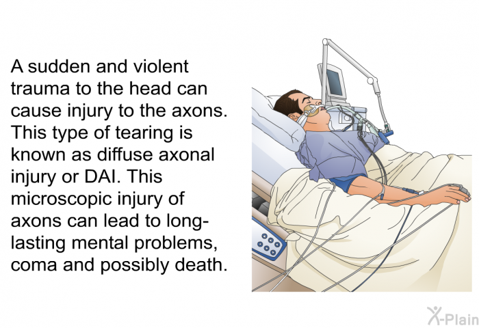 A sudden and violent trauma to the head can cause injury to the axons. This type of tearing is known as diffuse axonal injury or DAI. This microscopic injury of axons can lead to long-lasting mental problems, coma and possibly death.