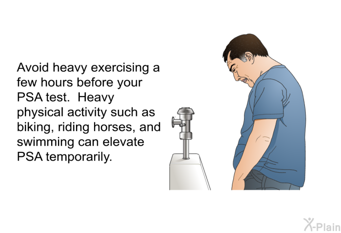Avoid heavy exercising a few hours before your PSA test. Heavy physical activity such as biking, riding horses, and swimming can elevate PSA temporarily.