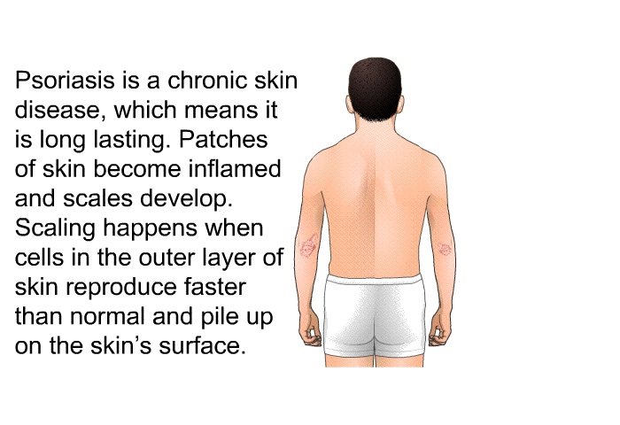 Psoriasis is a <I>chronic</I> skin disease, which means it is long lasting. Patches of skin become inflamed and <I>scales </I>develop. Scaling happens when cells in the outer layer of skin reproduce faster than normal and pile up on the skin's surface.