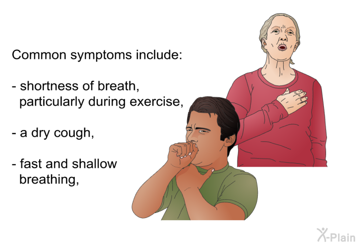 Common symptoms include:  shortness of breath, particularly during exercise, a dry cough,  fast and shallow breathing,