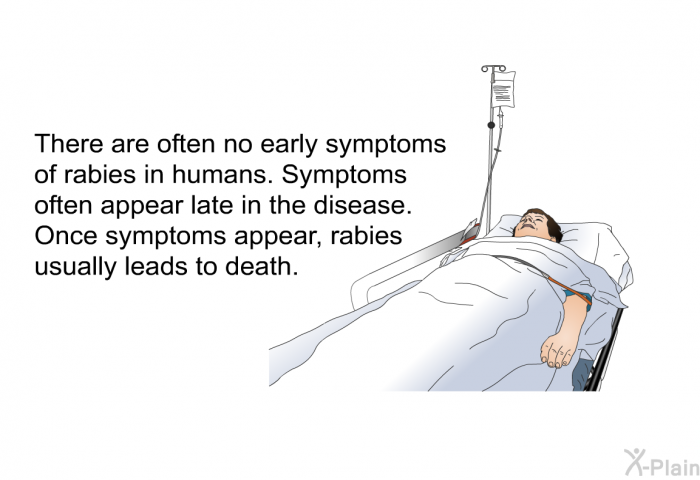 There are often no early symptoms of rabies in humans. Symptoms often appear late in the disease. Once symptoms appear, rabies usually leads to death.