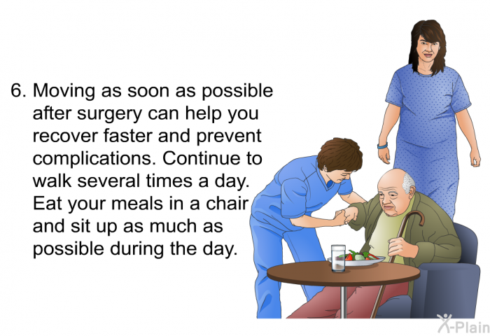 Moving as soon as possible after surgery can help you recover faster and prevent complications. Continue to walk several times a day. Eat your meals in a chair and sit up as much as possible during the day.