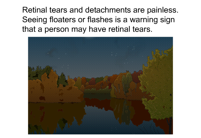 Retinal tears and detachments are painless. Seeing floaters or flashes is a warning sign that a person may have retinal tears.