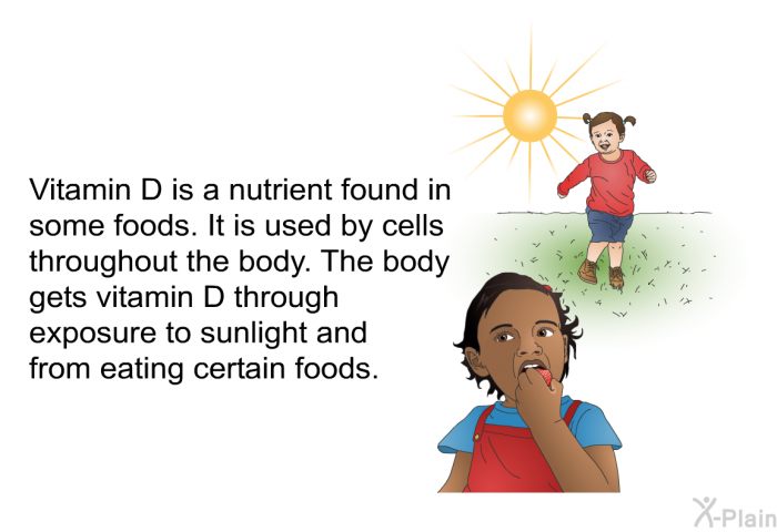 Vitamin D is a nutrient found in some foods. It is used by cells throughout the body. The body gets vitamin D through exposure to sunlight and from eating certain foods.