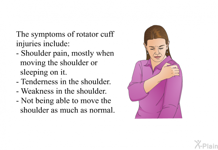The symptoms of rotator cuff injuries include:  Shoulder pain, mostly when moving the shoulder or sleeping on it. Tenderness in the shoulder. Weakness in the shoulder. Not being able to move the shoulder as much as normal.