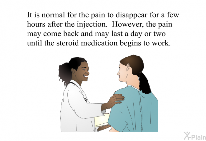 It is normal for the pain to disappear for a few hours after the injection. However, the pain may come back and may last a day or two until the steroid medication begins to work.