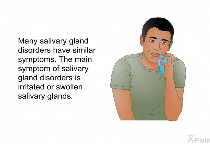 Many salivary gland disorders have similar symptoms. The main symptom of salivary gland disorders is irritated or swollen salivary glands.