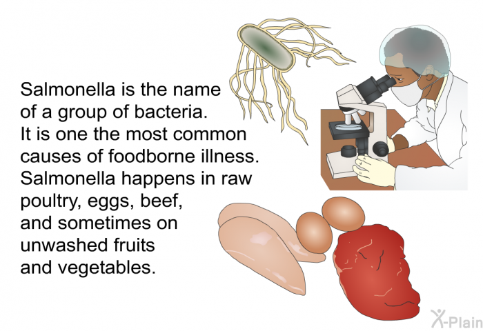 Salmonella is the name of a group of bacteria. It is one the most common causes of foodborne illness. Salmonella happens in raw poultry, eggs, beef, and sometimes on unwashed fruits and vegetables.