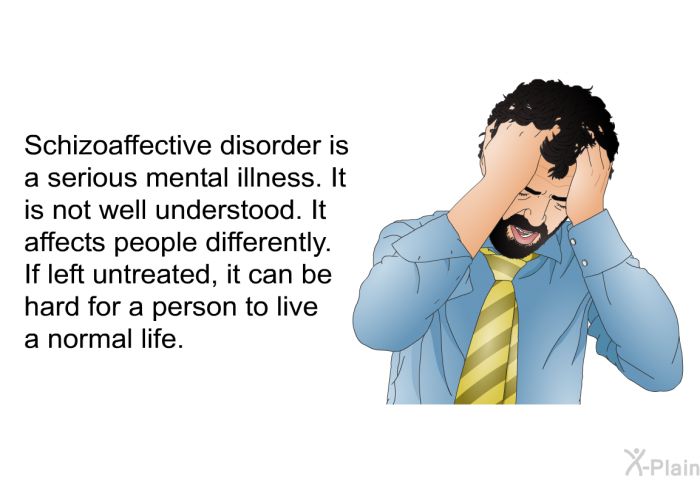 Schizoaffective disorder is a serious mental illness. It is not well understood. It affects people differently. If left untreated, it can be hard for a person to live a normal life.
