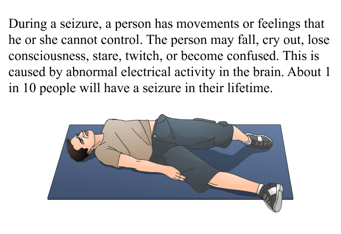 During a seizure, a person has movements or feelings that he or she cannot control. The person may fall, cry out, lose consciousness, stare, twitch, or become confused. This is caused by abnormal electrical activity in the brain. About 1 in 10 people will have a seizure in their lifetime.