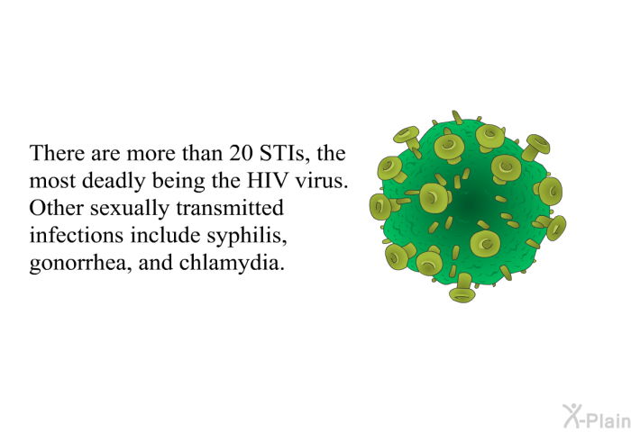 There are more than 20 STIs, the most deadly being the HIV virus. Other sexually transmitted infections include syphilis, gonorrhea, and chlamydia.