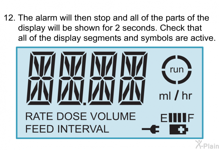 <OL START=12>  The alarm will then stop and all of the parts of the display will be shown for 2 seconds. Check that all of the display segments and symbols are active.