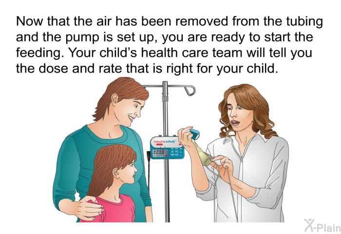 Now that the air has been removed from the tubing and the pump is set up, you are ready to start the feeding. Your child's health care team will tell you the dose and rate that is right for your child.