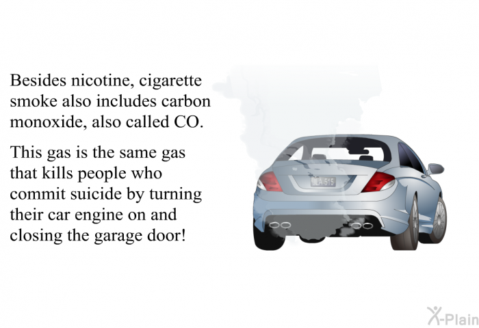 Besides nicotine, cigarette smoke also includes carbon monoxide, also called CO. This gas is the same gas that kills people who commit suicide by turning their car engine on and closing the garage door!