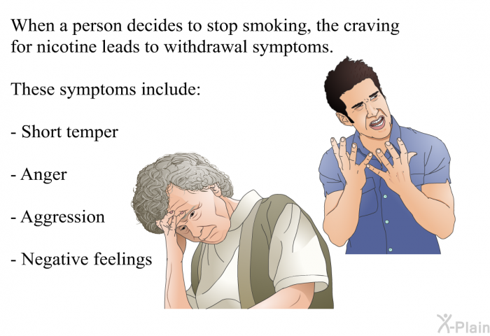 When a person decides to stop smoking, the craving for nicotine leads to withdrawal symptoms. These symptoms include:  Short temper Anger Aggression Negative feelings