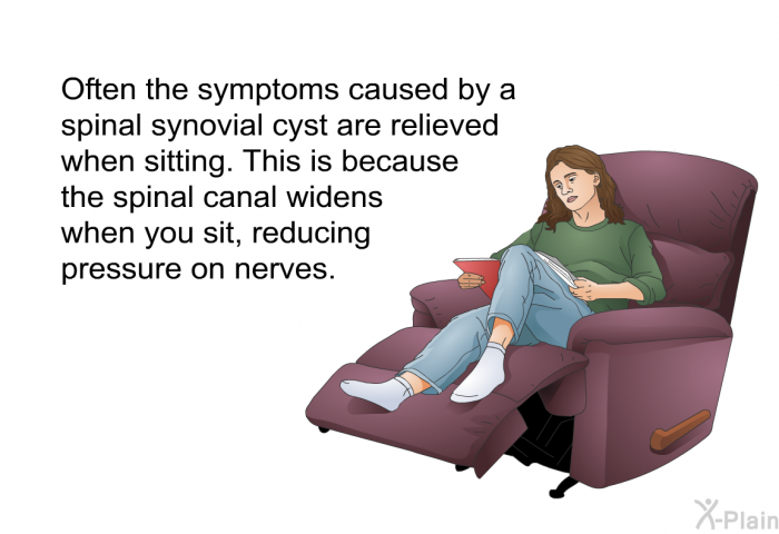 Often the symptoms caused by a spinal synovial cyst are relieved when sitting. This is because the spinal canal widens when you sit, reducing pressure on nerves.