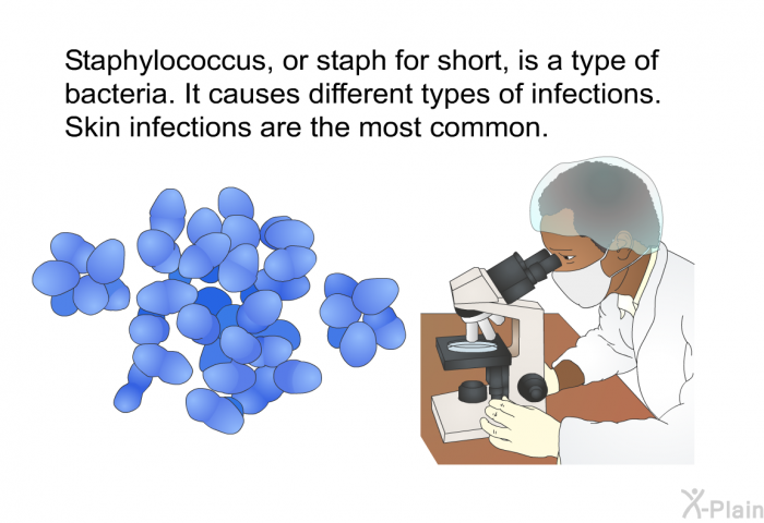 Staphylococcus, or staph for short, is a type of bacteria. It causes different types of infections. Skin infections are the most common.