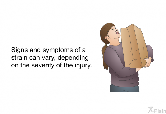 Signs and symptoms of a strain can vary, depending on the severity of the injury.