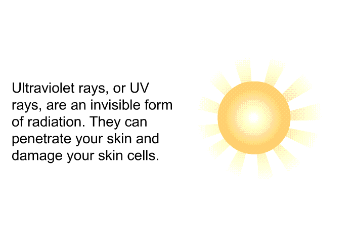 Ultraviolet rays, or UV rays, are an invisible form of radiation. They can penetrate your skin and damage your skin cells.