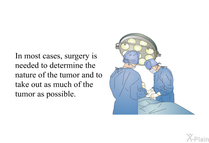In most cases, surgery is needed to determine the nature of the tumor and to take out as much of the tumor as possible.