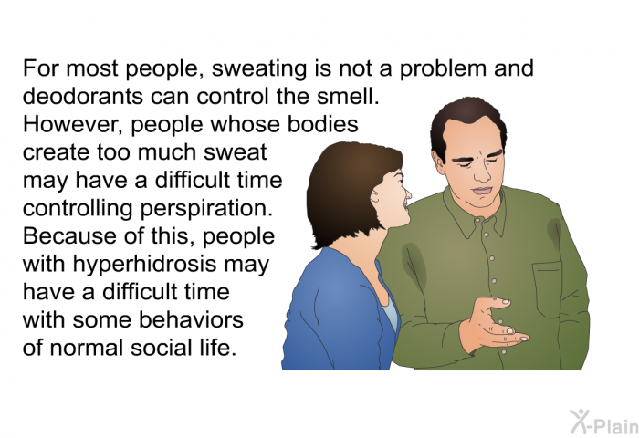 For most people, sweating is not a problem and deodorants can control the smell. However, people whose bodies create too much sweat may have a difficult time controlling perspiration. Because of this, people with hyperhidrosis may have a difficult time with some behaviors of normal social life.