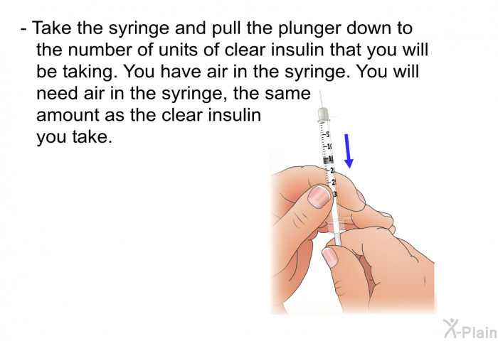 Take the syringe and pull the plunger down to the number of units of clear insulin that you will be taking. You have air in the syringe. You will need air in the syringe, the same amount as the clear insulin you take.