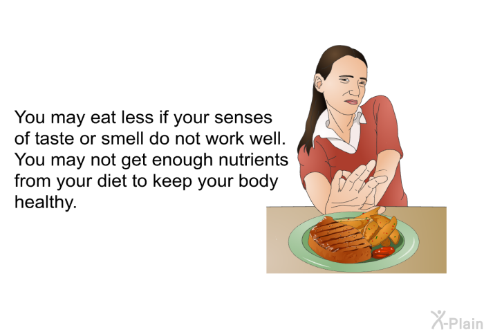 You may eat less if your senses of taste or smell do not work well. You may not get enough nutrients from your diet to keep your body healthy.