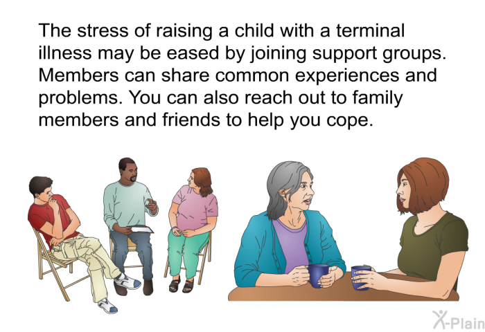 The stress of raising a child with a terminal illness may be eased by joining support groups. Members can share common experiences and problems. You can also reach out to family members and friends to help you cope.