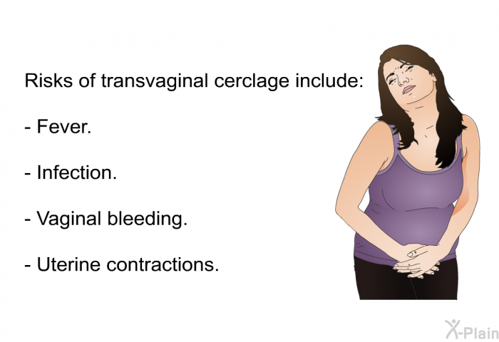 Risks of transvaginal cerclage include:  Fever. Infection. Vaginal bleeding. Uterine contractions.