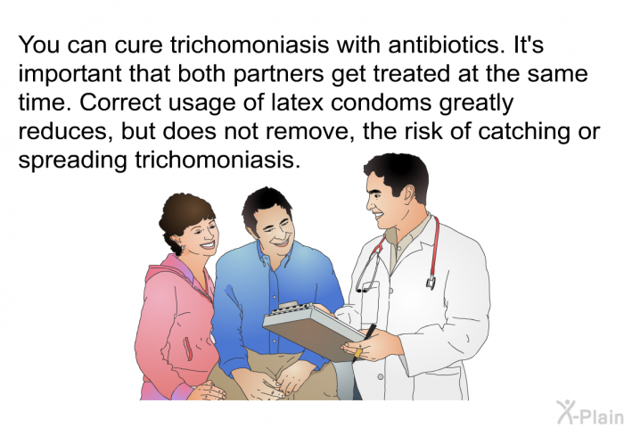 You can cure trichomoniasis with antibiotics. It's important that both partners get treated at the same time. Correct usage of latex condoms greatly reduces, but does not remove, the risk of catching or spreading trichomoniasis.