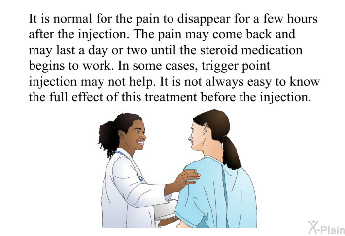 It is normal for the pain to disappear for few hours after the injection. The pain may come back and may last a day or two until the steroid medication begins to work. In some cases, trigger point injection may not help. It is not always easy to know the full effect of this treatment before the injection.