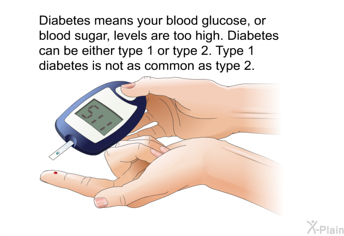 Diabetes means your blood glucose, or blood sugar, levels are too high. Diabetes can be either type 1 or type 2. Type 1 diabetes is not as common as type 2.