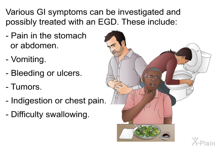 Various GI symptoms can be investigated and possibly treated with an EGD. These include:  Pain in the stomach or abdomen. Vomiting. Bleeding or ulcers. Tumors. Indigestion or chest pain. Difficulty swallowing.