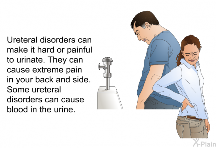 Ureteral disorders can make it hard or painful to urinate. They can cause extreme pain in your back and side. Some ureteral disorders can cause blood in the urine.